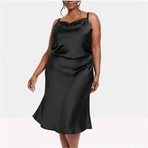NEW …Ava & Viv Black Satin Midi Dress with Elegant Cowl Neck